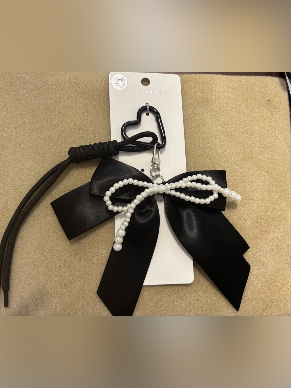 Express Black Satin Bow Key & Card Holder with Pearl Bow Accent